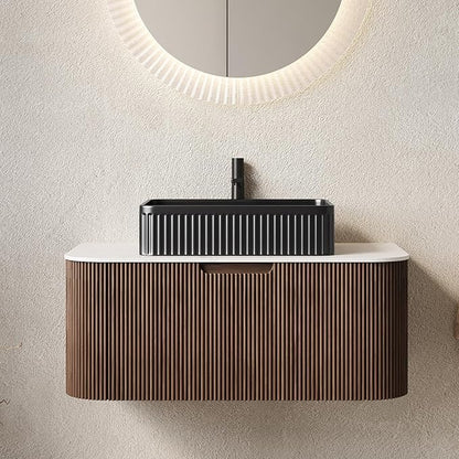 Yayzy 36" Floating Bathroom Vanity with Sink, Solid Wood Fluted Cabinet, Black Fluted Square Ceramic Basin & Faux Marble Top, Soft-Close Drawer, Pre-Assembled, Walnut Woodgrain