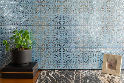 Main Street Peel and Stick Wallpaper Tiles, Blue & Silver Leaves, 24-Pack | 8"x8" tiles, covers 10.67 sq ft. Peel-and-stick paper, no extra adhesive needed. Ideal for backsplashes & DIY projects.