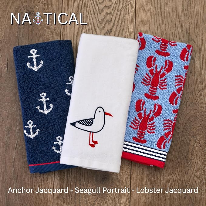 SKL Home Nautical Anchor Jacquard Hand Towel Set-2pc, 100% Cotton, Navy | Plush, absorbent & reversible. Great for everyday & coastal/beach décor in the bathroom, kitchen, bar or any sink space.