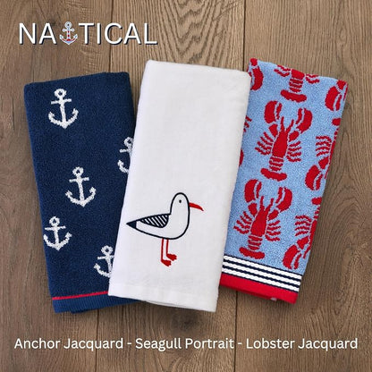 SKL Home Nautical Anchor Jacquard Hand Towel Set-2pc, 100% Cotton, Navy | Plush, absorbent & reversible. Great for everyday & coastal/beach décor in the bathroom, kitchen, bar or any sink space.