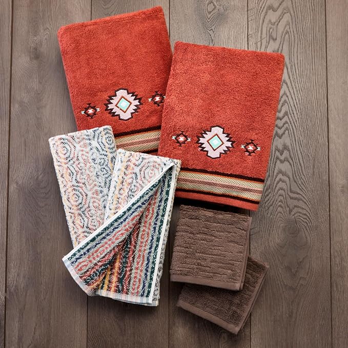 SKL Home Southwest Sunset/Rhapsody Bath Towel Set-6pc, 100% Cotton, Rust | 2 Embroidered bath towels, 2 reversible hand towels, 2 jacquard washcloths. Great for Airbnb/vacation homes/Southwest décor.