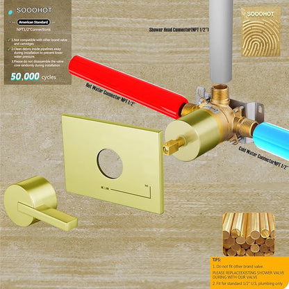 SOOOHOT Gold Shower Faucet Set with 6-Inch Rain Shower Head, Single-Handle Shower Trim Kit, Brushed Gold Shower Fixtures （Valve Included)