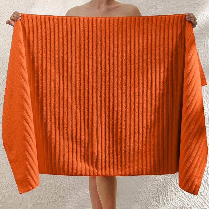 Elegant Comfort 100% Turkish Cotton Corduroy Ribbed Luxury Jumbo Bath Towel Ultra Soft - 35 x 70 Inch - Luxury Spa Premium Hotel Quality Highly Absorbent and Quick Dry Large Bath Towel, Orange