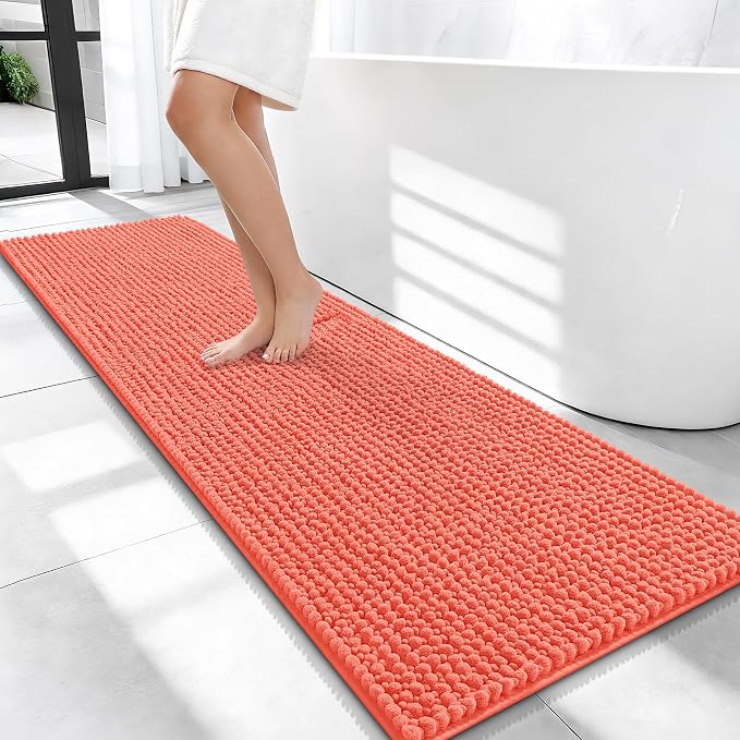 OLANLY Thick Chenille Bathroom Runner Rugs 59x20, Absorbent Bath Mat, Coral | Soft Bath Rugs, Rubber Backing, Machine Wash Dry, Bath Mats for Bathroom, Tub and Shower, Home Decor Accessories