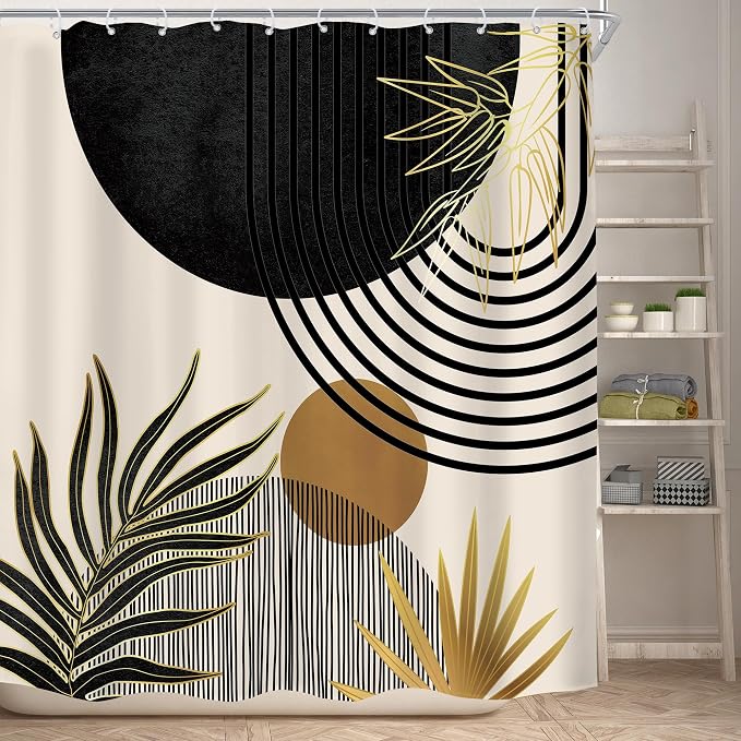 Mid Century Black Gold Boho Abstract Modern Bathroom Shower Curtain Set | 72Wx72L Green S design, waterproof HD print with fast-drying fabric and 12 hooks.