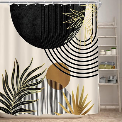 Mid Century Black Gold Boho Abstract Modern Bathroom Shower Curtain Set | 72Wx72L Green S design, waterproof HD print with fast-drying fabric and 12 hooks.