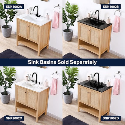 JONATHAN Y VAN1024A Jasper 30 in. W x 18 in. D x 33 in. H Rattan Modern Coastal 2-Shelf Bathroom Vanity Cabinet Only with Soft Closing Doors (Sink Basin Not Included), Oak