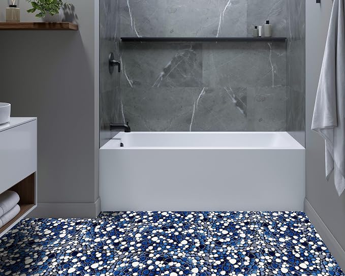 Pebble Ceramic Tiles 5 Sheets, Heart-Shaped 12x12 Floor Tile Ceramic, Dark Blue Mosaic Tiles Mesh Mounted, Waterproof Porcelain Tile Decorative for Kitchen Bath Backsplash Shower Floor Pool