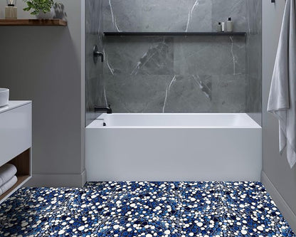 Pebble Ceramic Tiles 5 Sheets, Heart-Shaped 12x12 Floor Tile Ceramic, Dark Blue Mosaic Tiles Mesh Mounted, Waterproof Porcelain Tile Decorative for Kitchen Bath Backsplash Shower Floor Pool