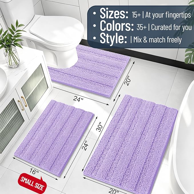 Smiry Thick Chenille Bathroom Runner Rugs 44x24, Soft Bath Mat, Lavender | Quick‑Dry & Machine Washable, Non‑Slip Bath Carpet, Striped Bath Rugs for Tub & Shower, Modern Home Decor Accessories