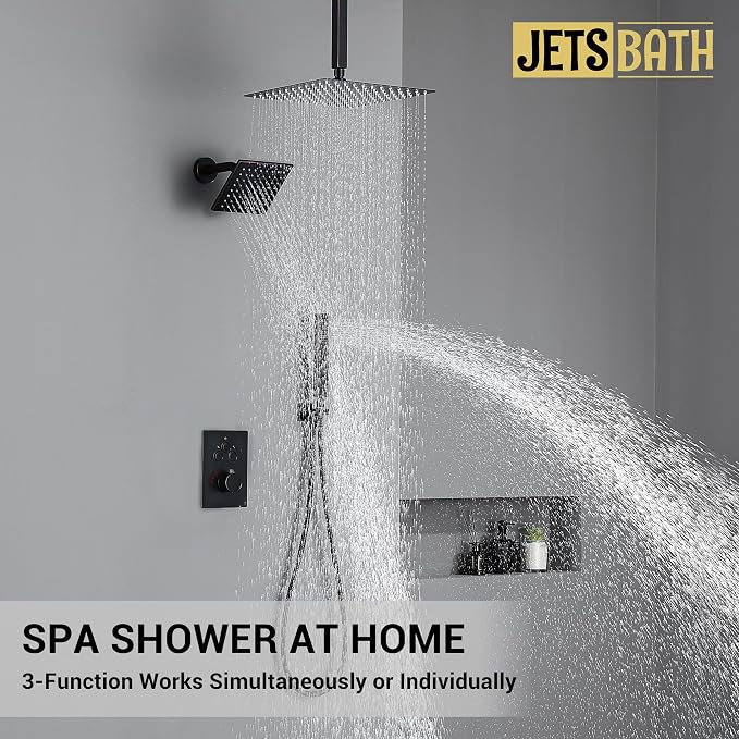 Thermostatic Dual Shower System, Oil Rubbed Bronze Shower Faucet | 12 Inch Ceiling Rainfall Shower, 6 Inch Wall Mount Head, High Pressure Handheld Sprayer, Push Button Valve