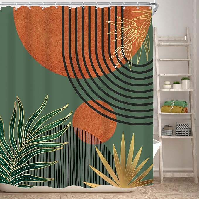 Mid Century Green Orange Boho Abstract Modern Bathroom Shower Curtain Set | 60Wx72L Sun Arch design, waterproof HD print with fast-drying fabric and 12 hooks.
