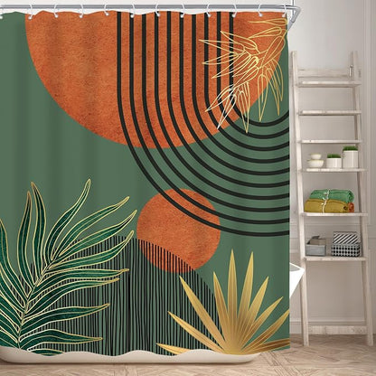 Mid Century Green Orange Boho Abstract Modern Bathroom Shower Curtain Set | 60Wx72L Sun Arch design, waterproof HD print with fast-drying fabric and 12 hooks.