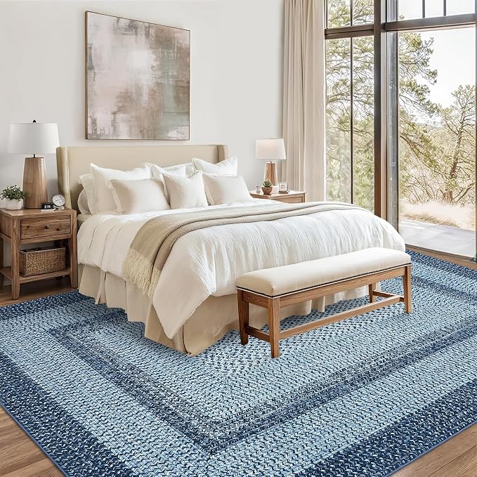 Washable Area Rugs 9x12 Living Room Modern Rugs for Bedroom Blue Rug Imitation Braided Soft Large Area Rug Non Slip Throw Rugs Stain Resistant Carpet for Nursery Dining Room 9'x12' Blue