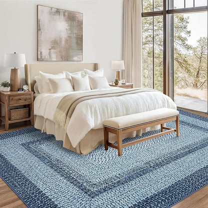 Washable Area Rugs 9x12 Living Room Modern Rugs for Bedroom Blue Rug Imitation Braided Soft Large Area Rug Non Slip Throw Rugs Stain Resistant Carpet for Nursery Dining Room 9'x12' Blue