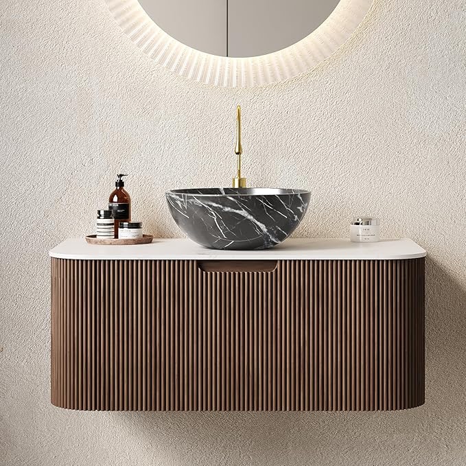 Yayzy 36" Floating Bathroom Vanity with Sink, Solid Wood Fluted Cabinet, White Marble-Patterned Ceramic Basin & Faux Marble Top, Soft-Close Drawer, Pre-Assembled, Walnut Woodgrain