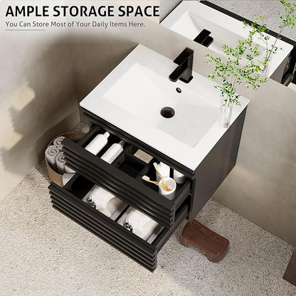 eclife 24" Floating Bathroom Vanity with Sink Combo Mid-Century Wall Mounted Cabinet with Wood Stripes Decor, Drawers, Undermount Single Sink, Faucet, Drain, Black