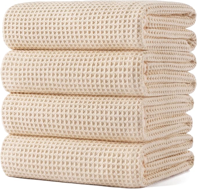 POLYTE 430 GSM Poly Blend Microfiber Quick Dry Waffle Bath Towel, 30x60 in | 4 Pack, Oversize, Lint Free, Body Towel