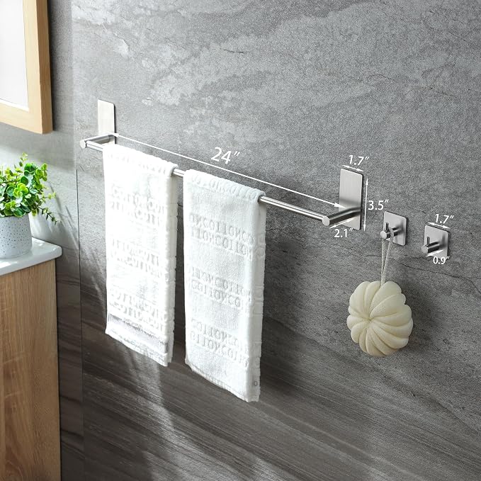 Taozun Towel Bar - 24 Inch Towel Holder with 2 Packs Adhesive Hooks | Hand Towel Rack Stick on Wall, Stainless Steel Bathroom Hardware Accessory Kit
