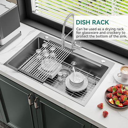 YITAHOME Drop In Kitchen Sink Workstation 33in | 304 Stainless Steel Single Bowl Top Mount Sink w/Ledge & Accessories, Honeycomb Surface Design, 33 x 22 x 10 in, Silver