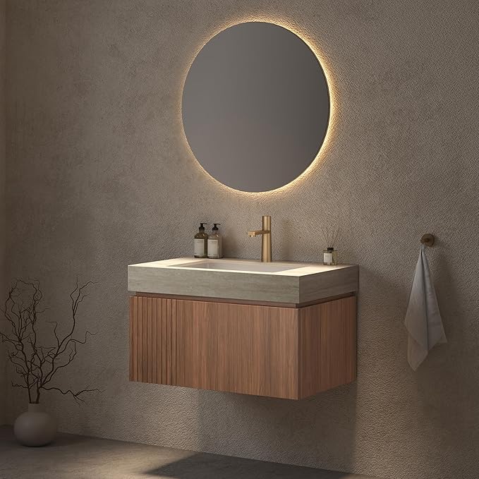 LKTART Floating 30 Inch Bathroom Vanity with Sink, Modern Plywood Wall Mounted Bathroom Storage Cabinet with 1 Door and 1 Drawer, Roma Travertine-Pattern Sintered Stone Countertop and Ceramic Basin