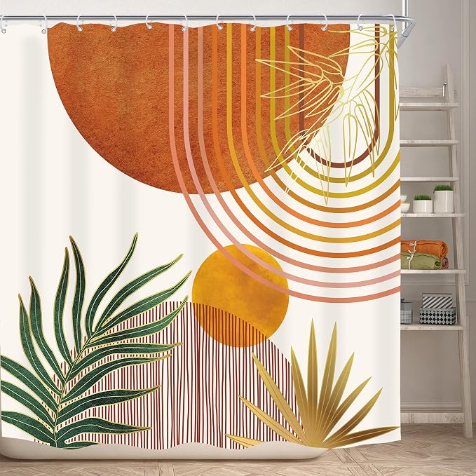 Mid Century Orange Boho Abstract Modern S Bathroom Shower Curtain Set | 72Wx72L Plant Botanical design, waterproof HD print with fast-drying fabric and 12 hooks.