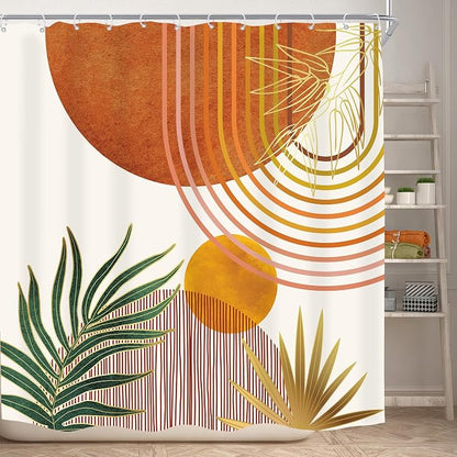 Mid Century Orange Boho Abstract Modern S Bathroom Shower Curtain Set | 72Wx72L Plant Botanical design, waterproof HD print with fast-drying fabric and 12 hooks.