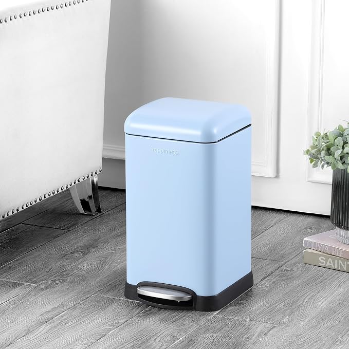 happimess Betty Retro Mini 3.2 Gal Step Trash Can, Tide Pool Blue | Soft-Close Lid, Removable Liner, Iron, Hands-Free Pedal, Satin Finish, Non-Skid Base, Built-In Damper, Modern, Minimalistic