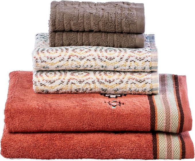 SKL Home Southwest Sunset/Rhapsody Bath Towel Set-6pc, 100% Cotton, Rust | 2 Embroidered bath towels, 2 reversible hand towels, 2 jacquard washcloths. Great for Airbnb/vacation homes/Southwest décor.