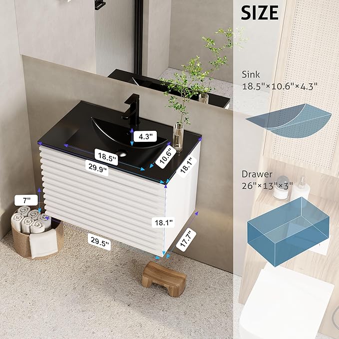 eclife 30" Floating Bathroom Vanity with Sink Combo, Mid-Century Wall Mounted Cabinet with Wood Stripes Decor, Drawers, Undermount Single Black Sink, Faucet, Drain, Mixed White