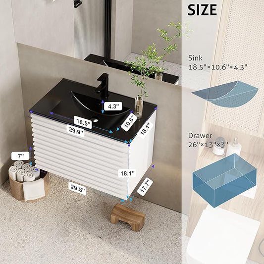 eclife 30" Floating Bathroom Vanity with Sink Combo, Mid-Century Wall Mounted Cabinet with Wood Stripes Decor, Drawers, Undermount Single Black Sink, Faucet, Drain, Mixed White