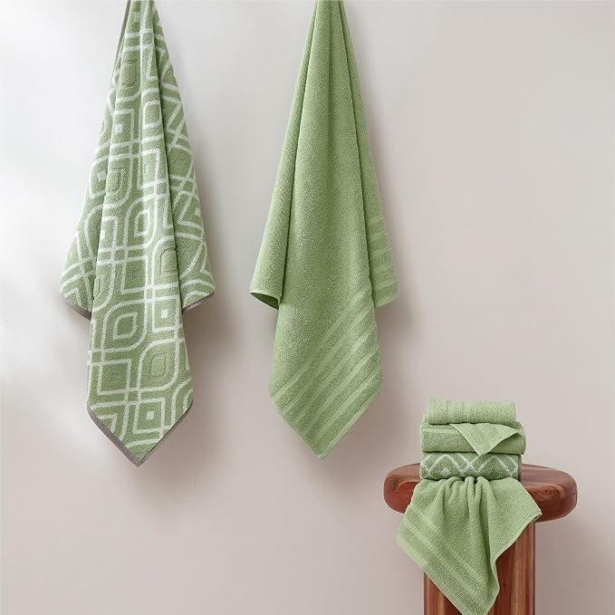 Modern Threads 6 Piece Bath Towel Set – Bathroom Set with 2 Bath Towels, 2 Hand Towels, and 2 Wash Cloths – 100% Cotton, Super Absorbent & Extra Soft – Reversible Classic Diamond (Sage Green)