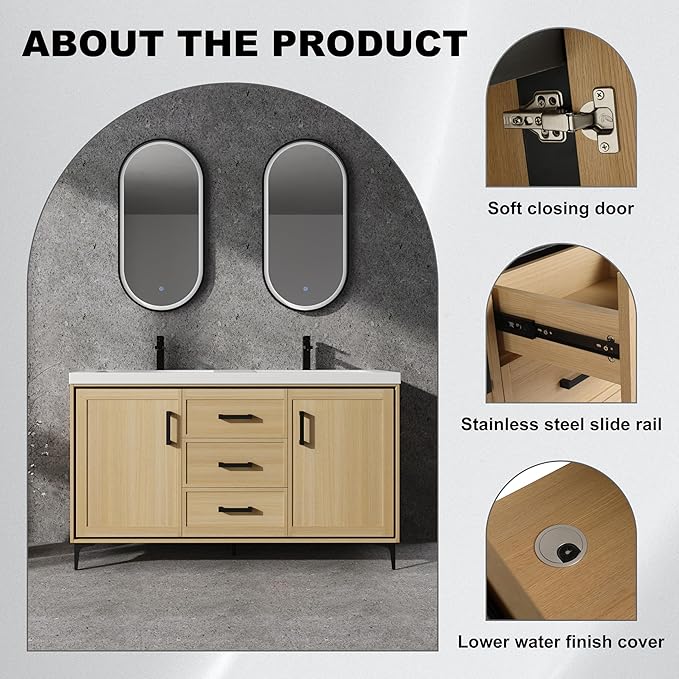60" Freestanding Bathroom Vanity with Double Resin Sink, Bathroom Vanity with Sink, 2 Soft Closing Doors & 3 Drawers, Original Oak Plywood (KD-Packing)