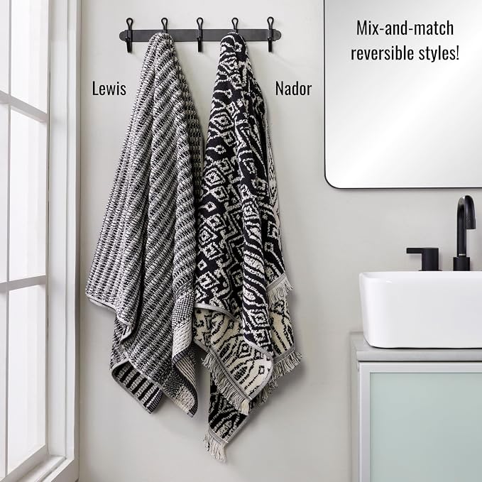 SKL Home Nador Bath Towel, Premium 100% Cotton, Black | 600 GSM weight. Spa-level quality. Soft & absorbent with fringed hem. Reversible jacquard pattern.