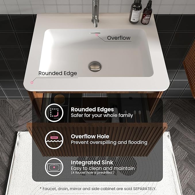 24 Inch Bathroom Vanity with Sink, Modern Floating Vanity with Push Open Drawer, Large Storage for Small Space, Apartment, Hotel, Walnut, Fully Assembled - Camellia Collection