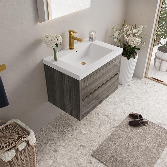 Abruzzo 30" Ash Grey Wall-Mounted Bathroom Vanity with Sink Stone Resin Countertop & Soft-Close Drawers, Waterproof Wood Cabinet for Small Bathrooms