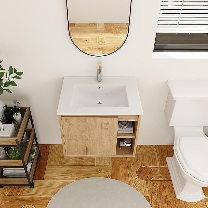 24 Inch Bathroom Vanity with White Sink Combo,Wall-Mounted Bathroom Vanity 1 Door&Right Side Shelf for Small Space, Modern Floating Bathroom Cabinet with Top Basin,Brown