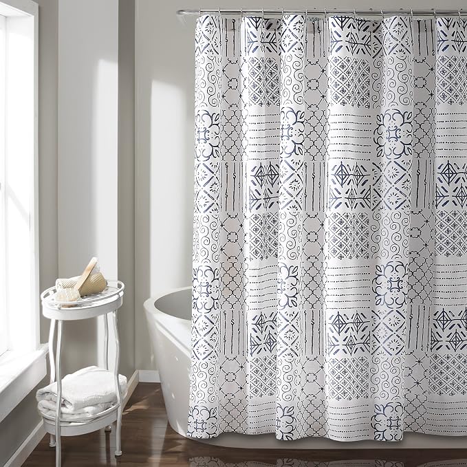 Lush Decor Monique Shower Curtain Single 72" W x 72" L Blue - Fabric Shower Curtains for Bathroom - Blue Bathroom Curtain - Coastal Bathroom Decor