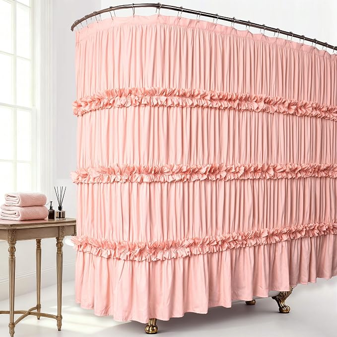 Homechoice Decor Extra Wide Shower Curtain 108"W x 72"L with 18 Buttonholes | Vintage Handcrafted Bow Tie Bath Curtain for Bathroom and Clawfoot Tub, Victorian Ruffle Bathroom Curtain, Peach (LQ-10)
