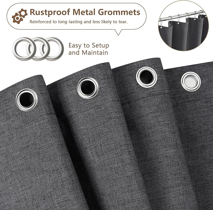 Rustic Country Linen Look Shower Curtain Charcoal Grey, Heavyweight Faux Linen Polyester Fabric Shower Curtain Water-Resistant, 72 x 72 Inch Dark Gray Bath Curtain Washable for Bathroom Hotel