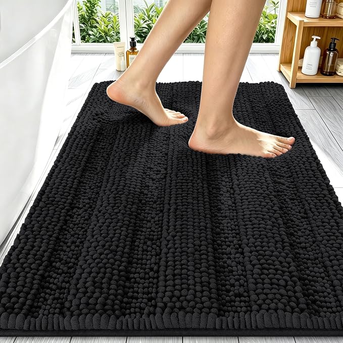 Smiry Thick Chenille Bathroom Runner Rugs 59x20, Absorbent Bath Mat, Black | Quick‑Dry & Machine Washable, Non‑Slip Bath Carpet, Soft Striped Bath Rugs for Tub & Shower, Modern Home Decor Accessories
