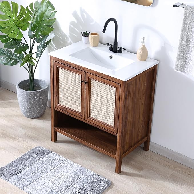 JONATHAN Y VAN1024B Jasper 30 in. W x 18 in. D x 33 in. H Rattan Modern Coastal 2-Shelf Bathroom Vanity Cabinet Only with Soft Closing Doors (Sink Basin Not Included), Walnut