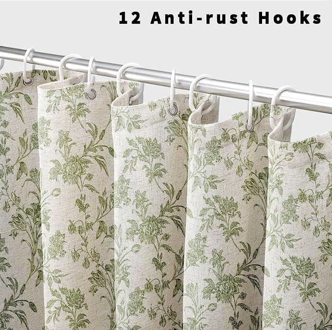 WOUVMA Sage Green Shower Curtain Floral Cotton Linen Cottagecore Shower Curtain for Bathroom 72" W x 72" L