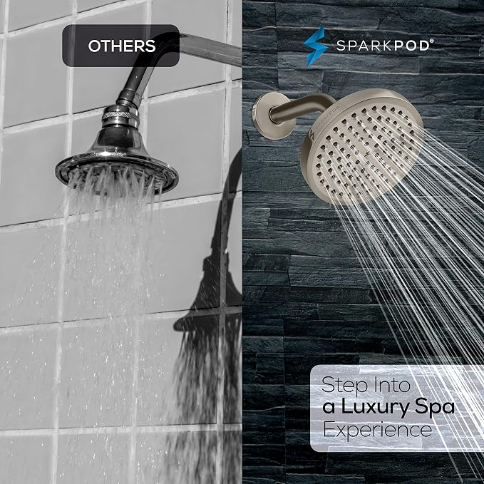 SparkPod 6" Rain Shower Head High Pressure w/ 6" Shower Arm, Brushed Nickel | High Pressure Shower Heads, 90 Nozzles, Adjustable Showerhead, No Tools Needed, Universal Connection, Gain Space & Style