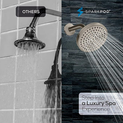 SparkPod 6" Rain Shower Head High Pressure w/ 6" Shower Arm, Brushed Nickel | High Pressure Shower Heads, 90 Nozzles, Adjustable Showerhead, No Tools Needed, Universal Connection, Gain Space & Style