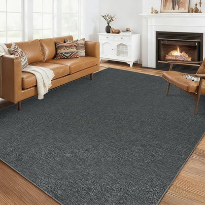Garvee Modern Solid Washable Rug 8x10 Area Rugs for Living Room Charcoal | Woven Textured Ultra-Thin Rug Non Slip Non-Shedding Indoor Floor Mat Foldable Farmhouse Carpet for Bedroom Office Dining Room