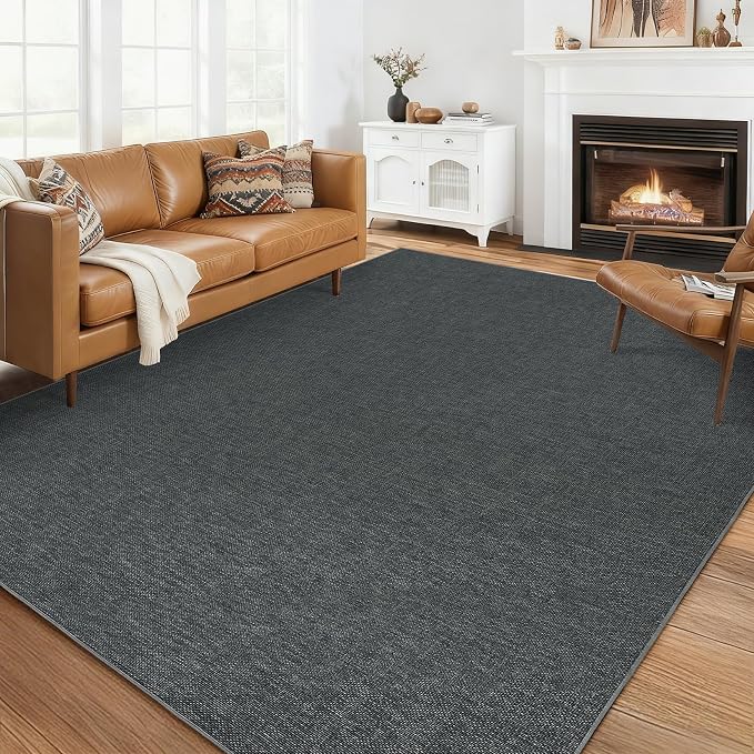 Garvee Large Area Rug 10x13 Modern Solid Washable Rug Non Slip Charcoal | Woven Textured, Ultra-Thin Neutral Minimalist Non-Shedding Floor Cover Indoor Foldable Mat for Living Room Bedroom Office