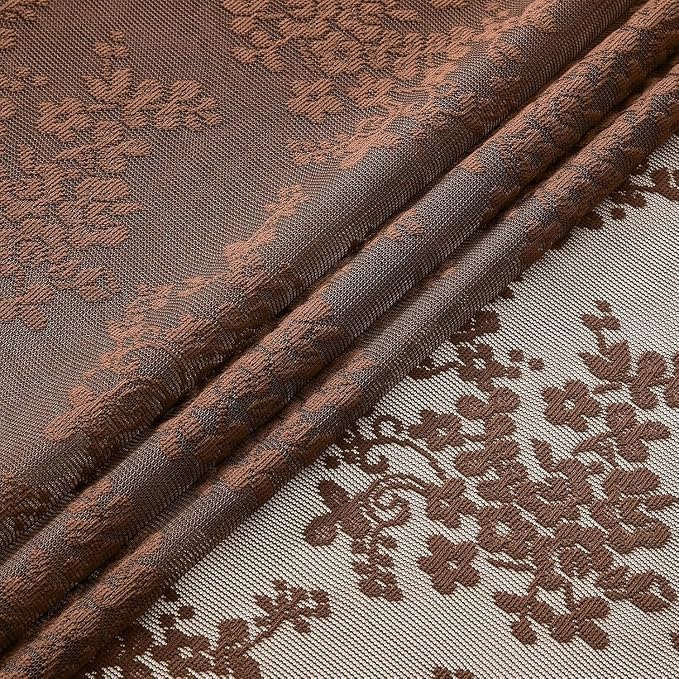 Chocolate Brown Shower Curtain, 72x84, Vintage Lace with Attached Valance | Brown Lace Shower Curtain with Scalloped Floral Trim, Vintage, Rustic Farmhouse Tall Bathrooms with High Rods