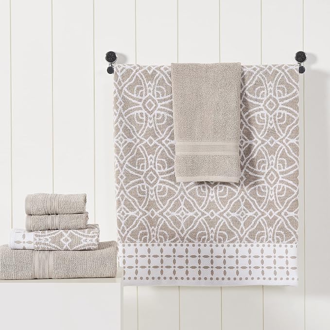 Modern Threads Monroe 6-Piece 100% Cotton Towel Set – Reversible Yarn Dyed Jacquard & Solid – Includes 2 Bath Towels, 2 Hand Towels, 2 Washcloths – Absorbent, Quick Dry, Soft & Durable – Light Brown