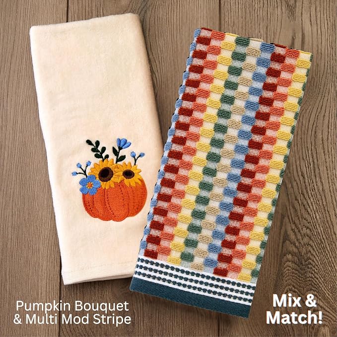 SKL Home Fall/Thanksgiving Pumpkin Bouquet Hand Towel Set-2pc, Natural | 100% Cotton. Soft, embroidered velour. For use in the bathroom, kitchen or bar & gifting.